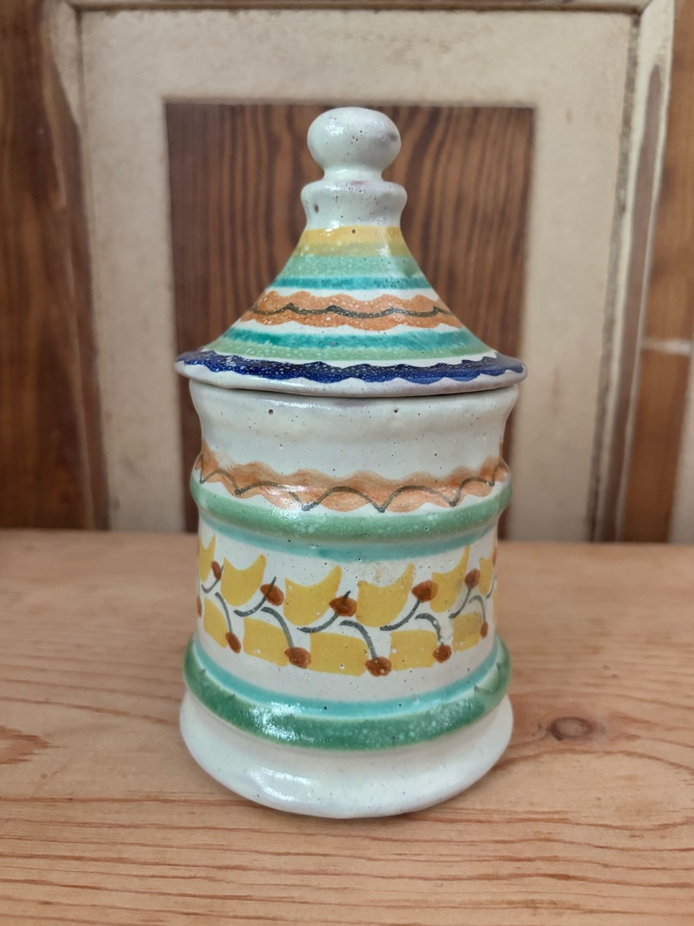 Hand-Painted Mexican Ceramic Decorative Jar in Yellow and Green- 7” tall